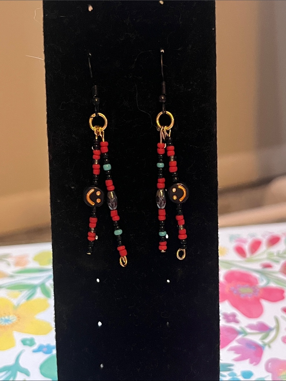 Red Beaded Dangle Earrings with Gold Accents
